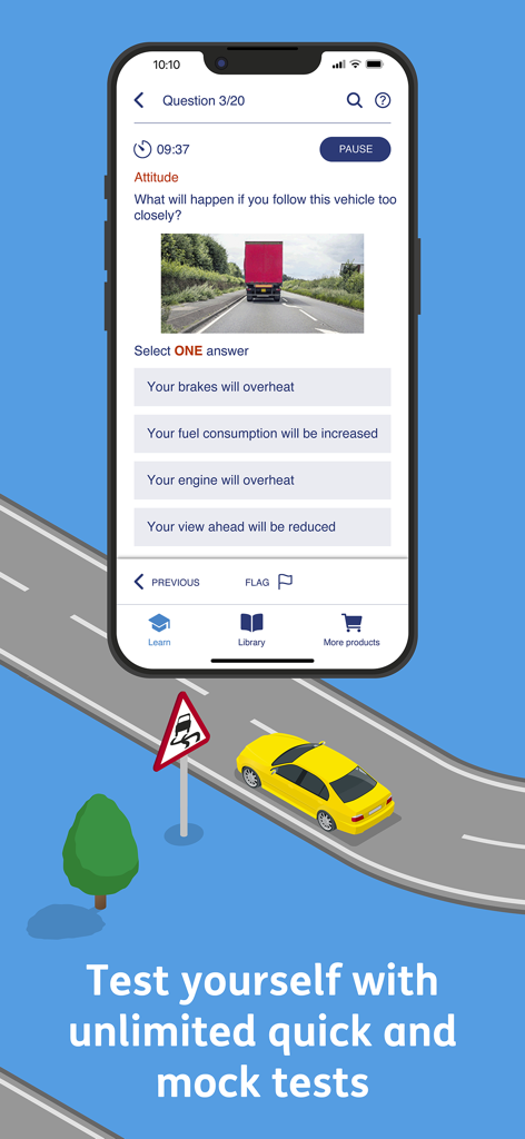 Official DVSA Theory Test Kit app interface showing a multiple choice mock test question