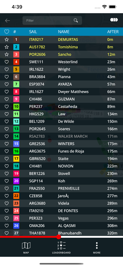 TracTrac - A live leaderboard for a sailing race in the TracTrac app showing rankings and competitor names.