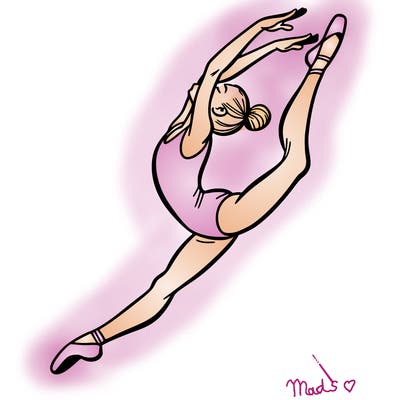 gymnast doing a leap in a leotard with a bent back leg