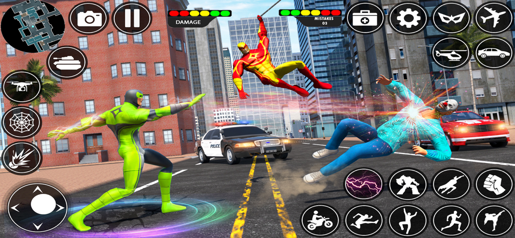 Spider Hero Games - Rope Hero - Spider hero and allies fighting a villain in an open world city street