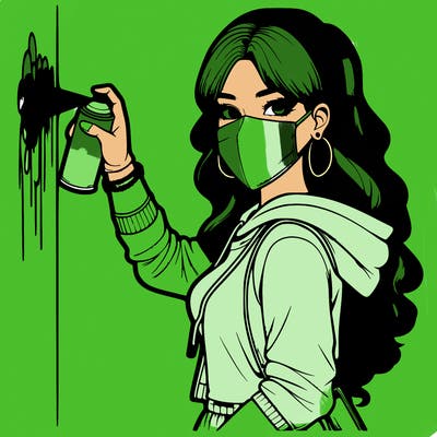 realistic girl with mask spray painting a wall