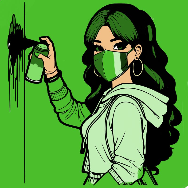 realistic girl with mask spray painting a wall