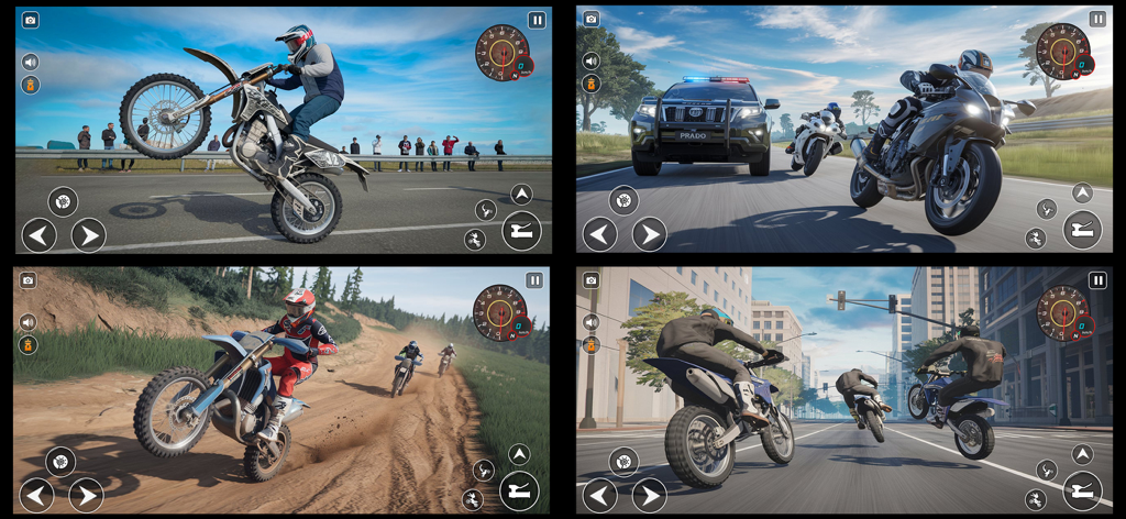 Moto Wheelie 3d - Offline Game - Four screenshots of Moto Wheelie 3D gameplay showing motorcycle wheelies and stunts in various 3D settings