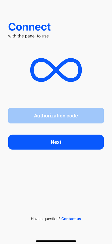 Apps Connect - Écran de configuration Apps Connect avec champ de code d'autorisation et logo d'infini bleu