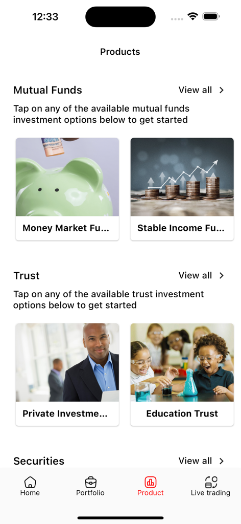 InvestNow - InvestNow app products screen displaying mutual funds trust and securities options