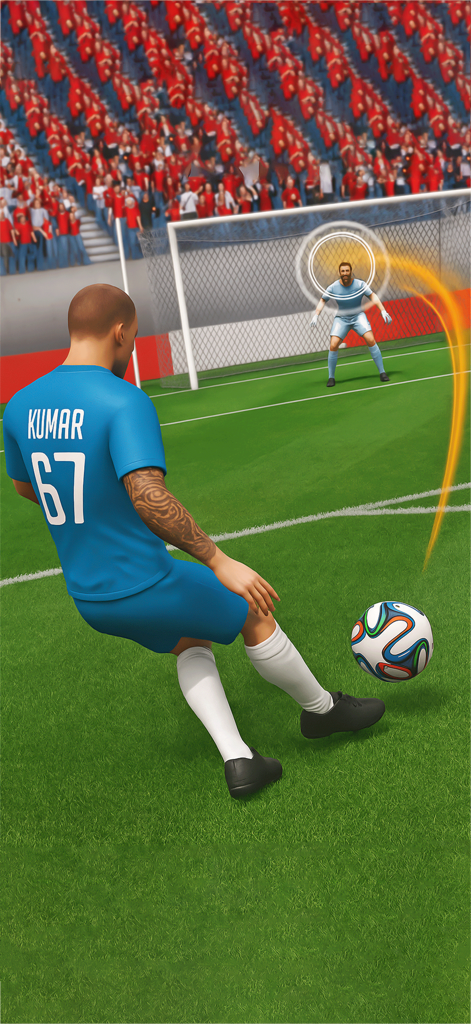 A soccer player in a blue jersey taking a penalty kick toward a circular target in the goal during a match