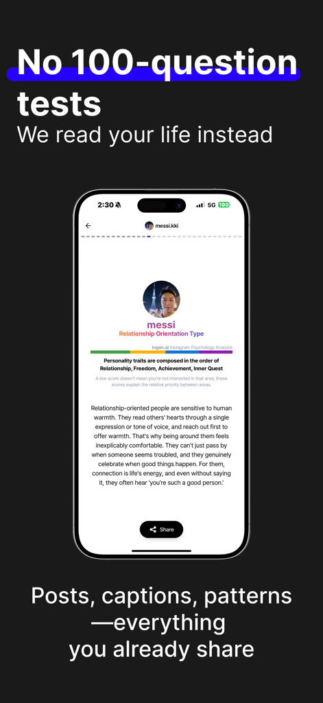 ingan.ai : AI psychologist - A screenshot of ingan.ai app showing a personality report based on Instagram activity