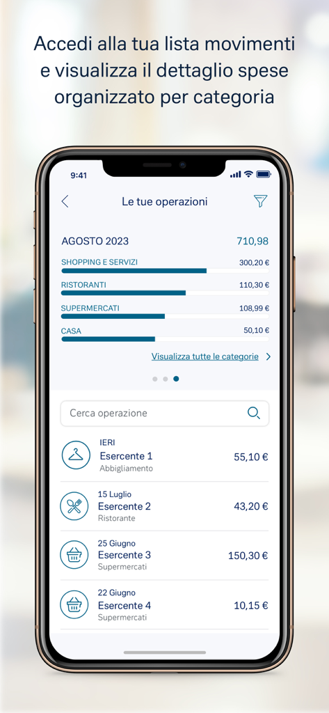 DB Le Mie Carte - Smartphone screen showing DB Le Mie Carte app transaction history and categorized expense breakdown