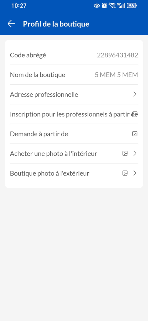 Moov Money TG Pro - Shop profile interface in the Moov Money TG Pro app featuring business registration fields and photo upload options