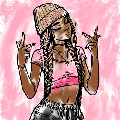 realistic teenage girl with braids and a beanie and crop top doing 🫶🏼