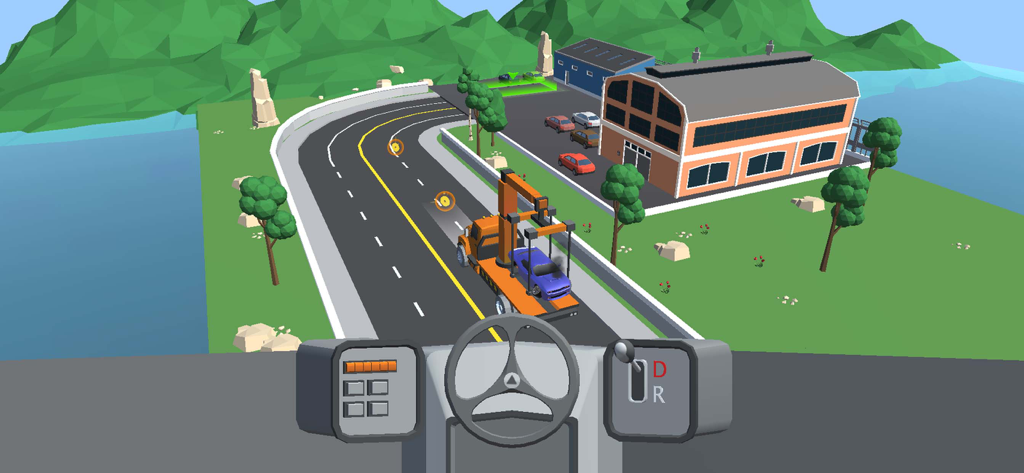 First person view of driving a tow truck carrying a car in a low poly simulation game