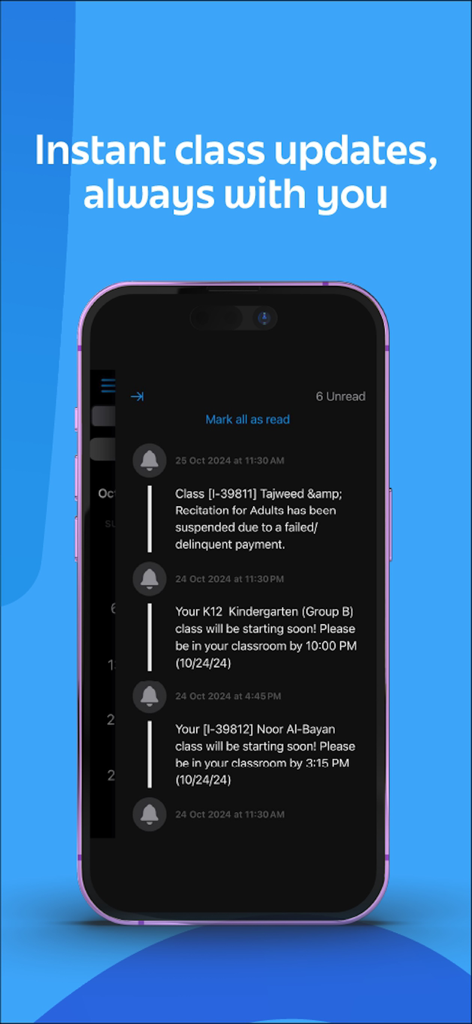 Studio Arabiya app interface showing instant class updates and notifications on a smartphone