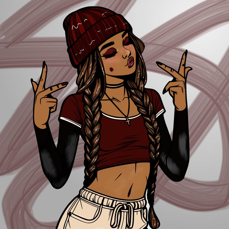 realistic teenage girl with braids and a beanie and crop top doing 🫶🏼