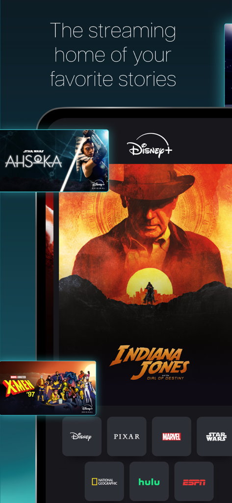 Disney+ - Schermata principale dell'app Disney Plus con Indiana Jones e hub di franchise come Marvel e Star Wars.