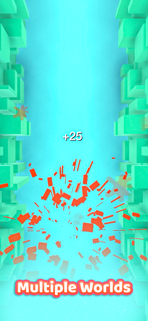 Jelly Ball - Tap Splash & Sync - Vibrant 3D arcade gameplay showing a red jelly splash effect in a teal environment with Multiple Worlds text