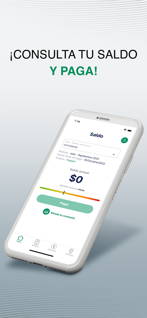 CFE Contigo - Tela de celular do aplicativo CFE Contigo mostrando o saldo da conta de luz e o botão de pagamento