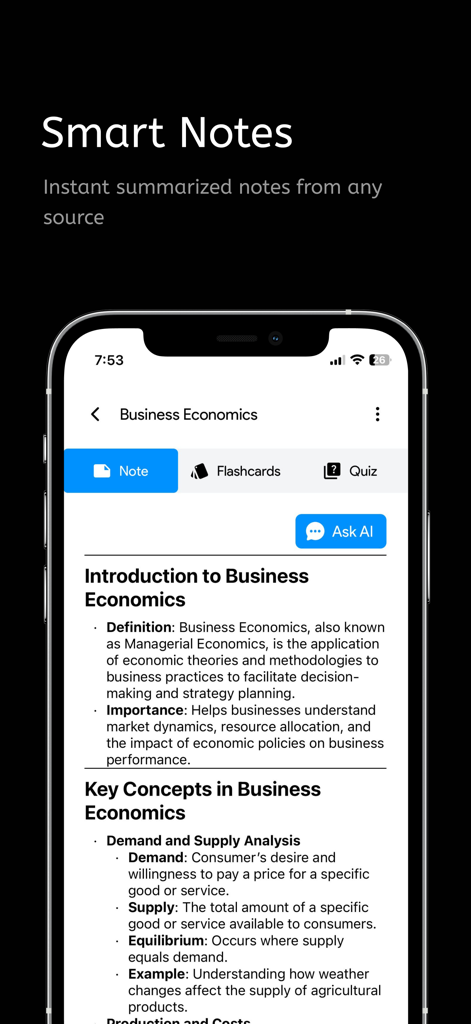 Cramly AI - Study Companion - Interface do aplicativo Cramly AI mostrando o recurso Smart Notes com um resumo de conceitos de Economia de Negócios e um botão Perguntar à IA