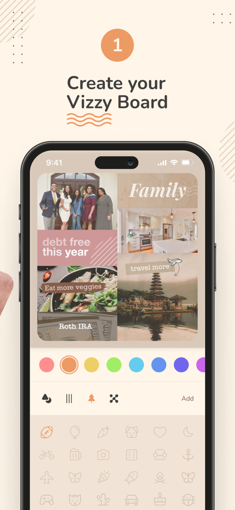 2026 Vision Board Maker Vizzy - Interface of the Vizzy app showing the creation of a personalized vision board with life goals.