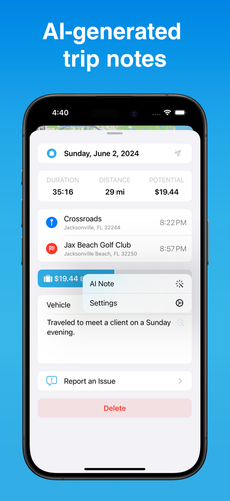 Interfaccia dell'app DriveLog che mostra una nota generata dall'IA per un viaggio di lavoro tra Jacksonville e Jax Beach.