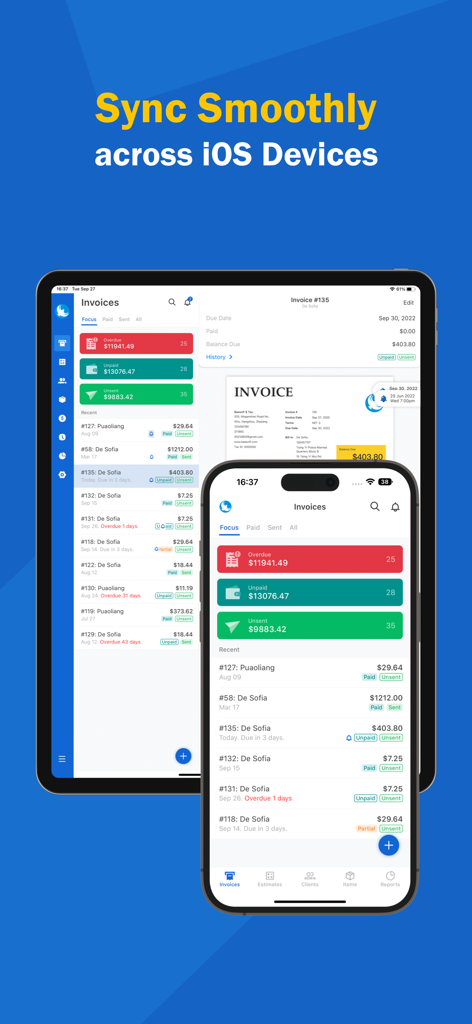 Invoice Maker · - Interfaz de la aplicación BeeInvoice que muestra la gestión de facturas sincronizada en iPhone y iPad