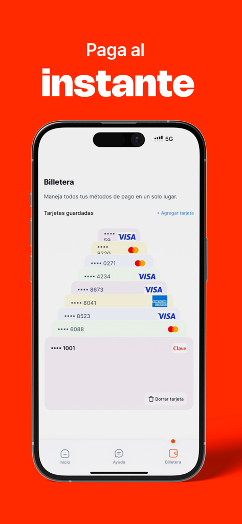 Mi Mas - Digital wallet interface in the Mi Mas app showing saved credit cards for instant payments