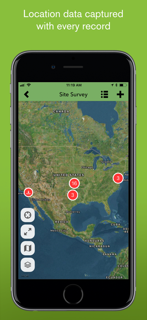 iForm - iForm mobile app screen displaying a site survey map with GPS location data points across the United States