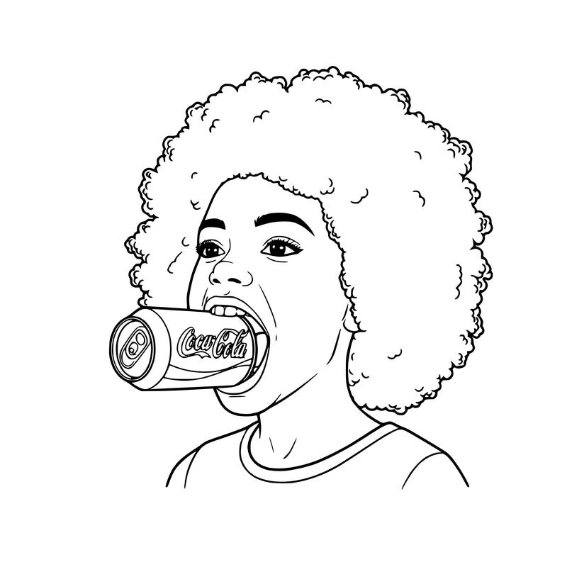 a coca-cola can in a girl with an afros mouth