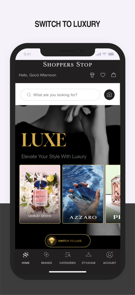Shoppers Stop Fashion Shopping - ジョルジオ・アルマーニやアザロなどのプレミアムブランドや香水を特集したShoppers Stopアプリのラグジュアリーセクション