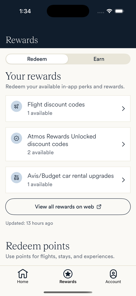 Atmos Rewards app screen showing available flight discount codes and car rental upgrades for redemption.