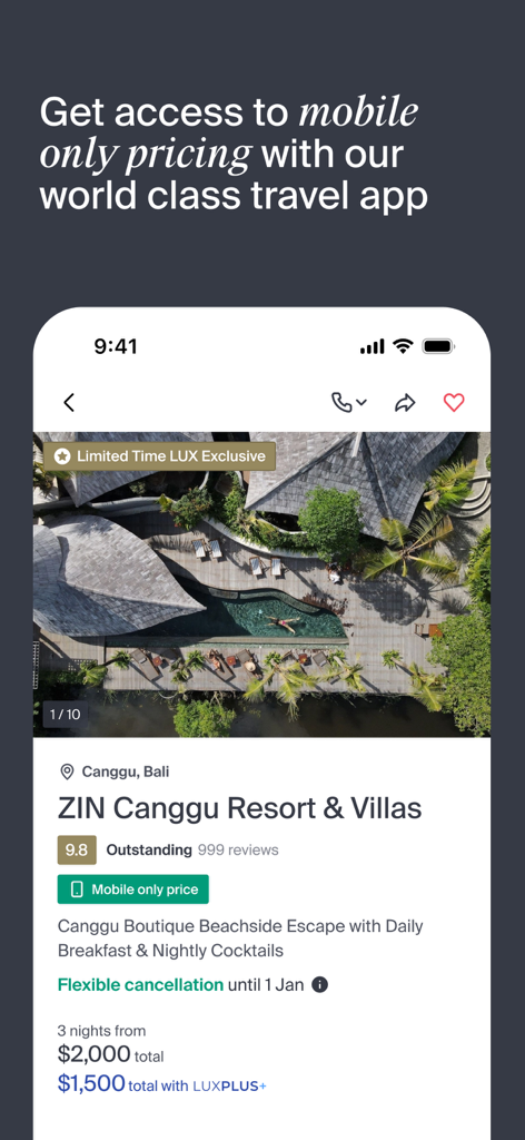 Luxury Escapes: Travel Deals - Luxury Escapes app interface showing a premium resort deal in Bali with mobile-only pricing.