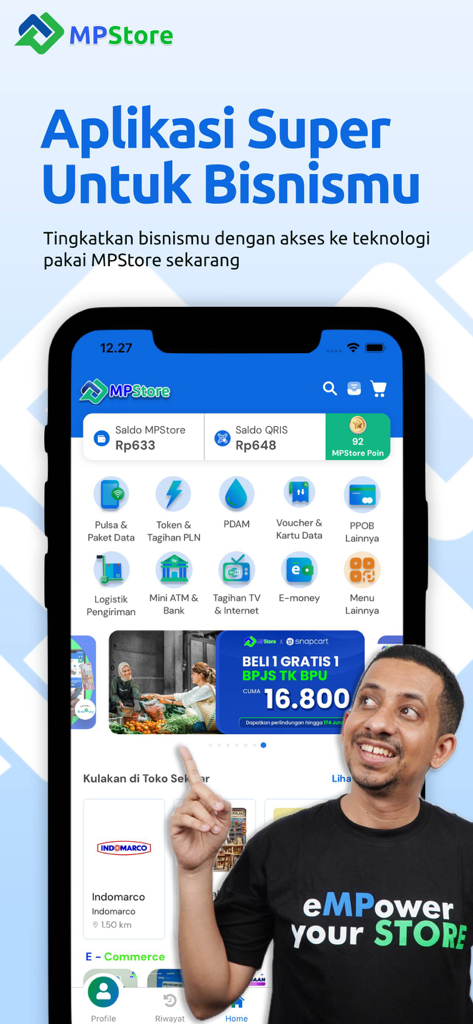 MPStore - SuperApp UMKM - The home screen of the MPStore app displaying digital payment and business services icons