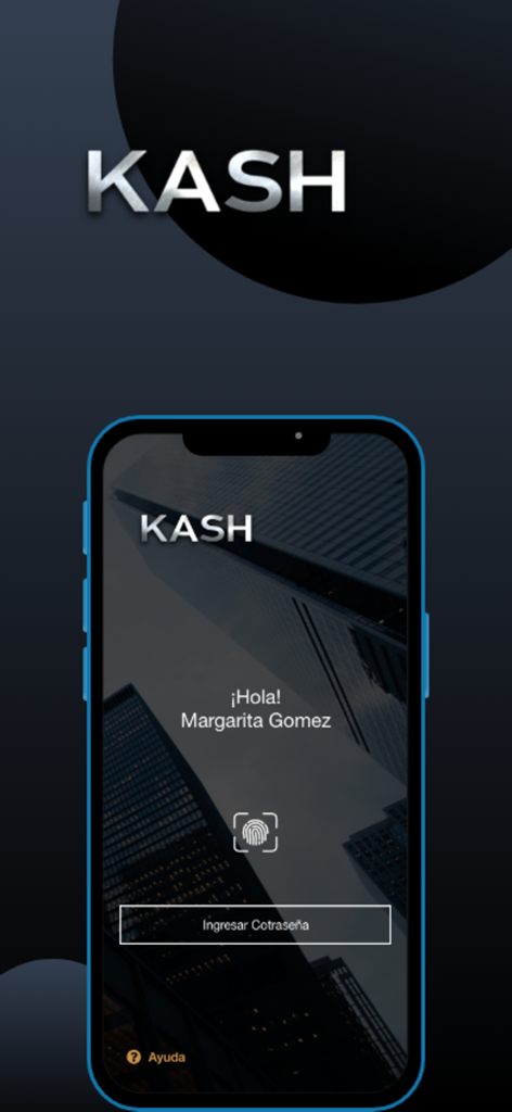 Interfaz de inicio de sesión de la app Mi KASH que muestra acceso biométrico con huella dactilar y un saludo personalizado en español