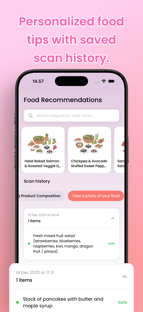 Pregnancy Food Buddy – AI Scan - A smartphone showing the Pregnancy Food Buddy app with personalized meal recommendations and a history of scanned foods marked as safe.