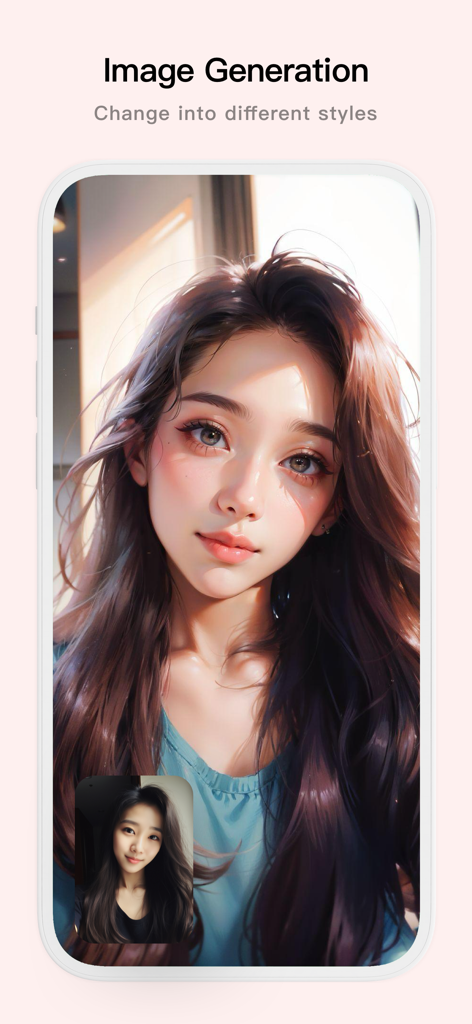 Función de generación de imágenes de Pofi AI que muestra una foto real transformada en un retrato digital estilizado