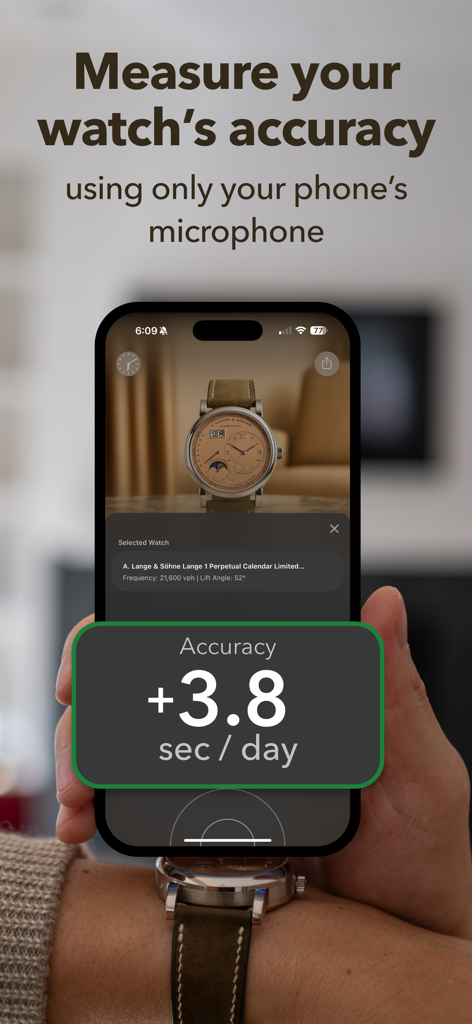 tickIQ: Measure, Track Watches - iPhone 화면에 tickIQ 앱이 마이크를 사용하여 기계식 시계 정확도를 측정하는 모습