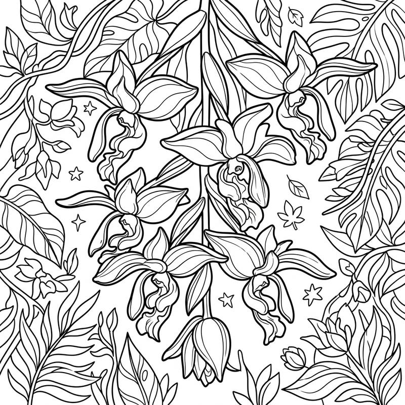 Immerse yourself in the captivating world of Stanhopea Orchids with this detailed coloring template. Featuring their distinctive pendant blooms and lush tropical foliage, it promises a truly unique creative escape.