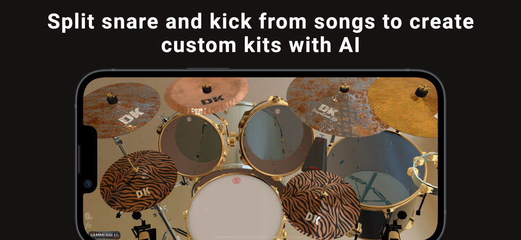 DrumKnee 3D app interface showing a 3D drum kit and AI feature for creating custom kits