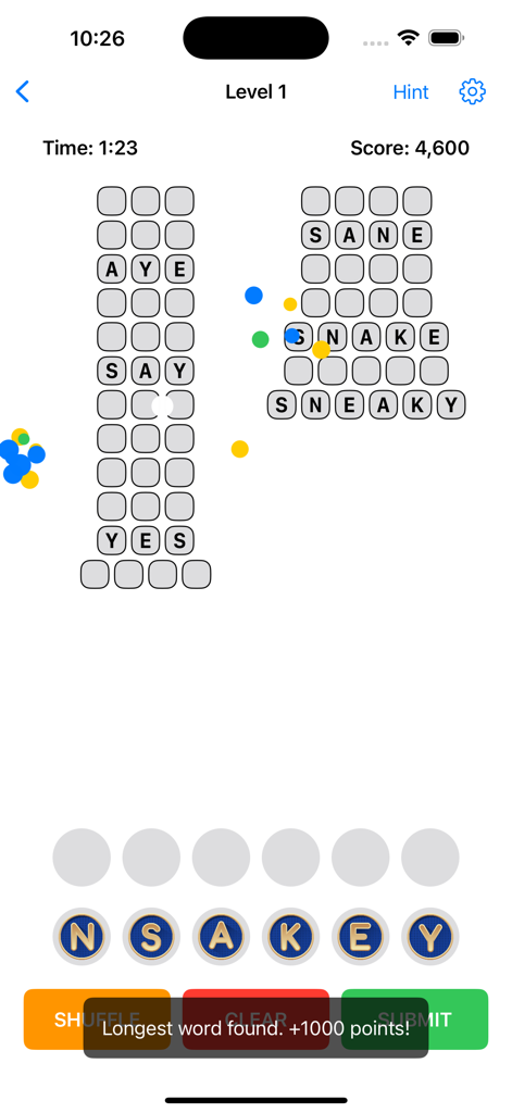 Twisted Text Word Game - Twisted Text Word Game interface showing found words and the longest word bonus notification