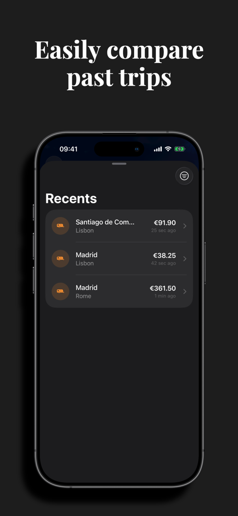 A list of recent trips with calculated toll costs in the EuroTolls app