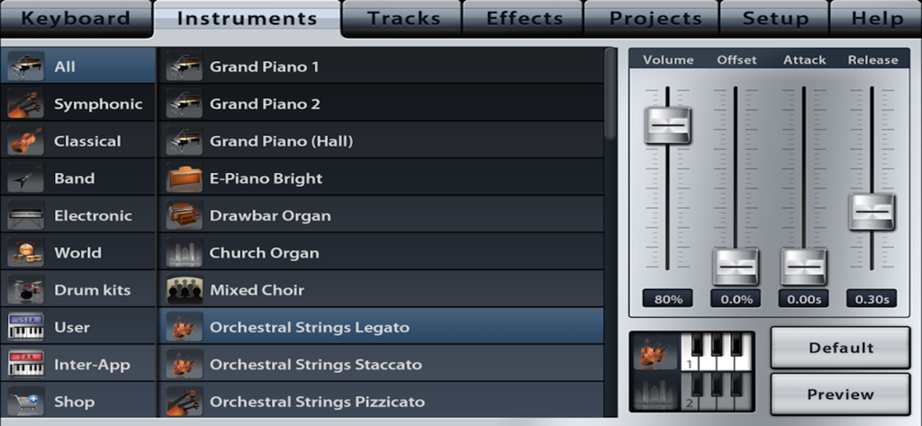The instrument selection screen of the Music Studio app featuring a list of orchestral sounds and audio parameter sliders for volume and attack.