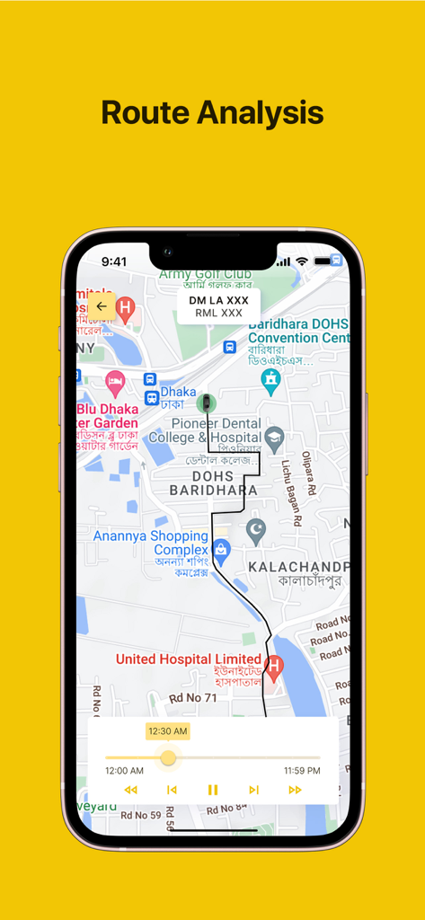 Routenanalyse-Oberfläche, die die Fahrzeughistorie auf einer Karte zeigt