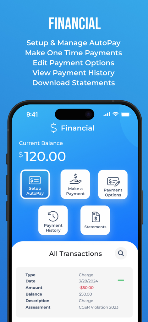 Financial dashboard of the Resident App by SnapHOA showing account balance and payment options.
