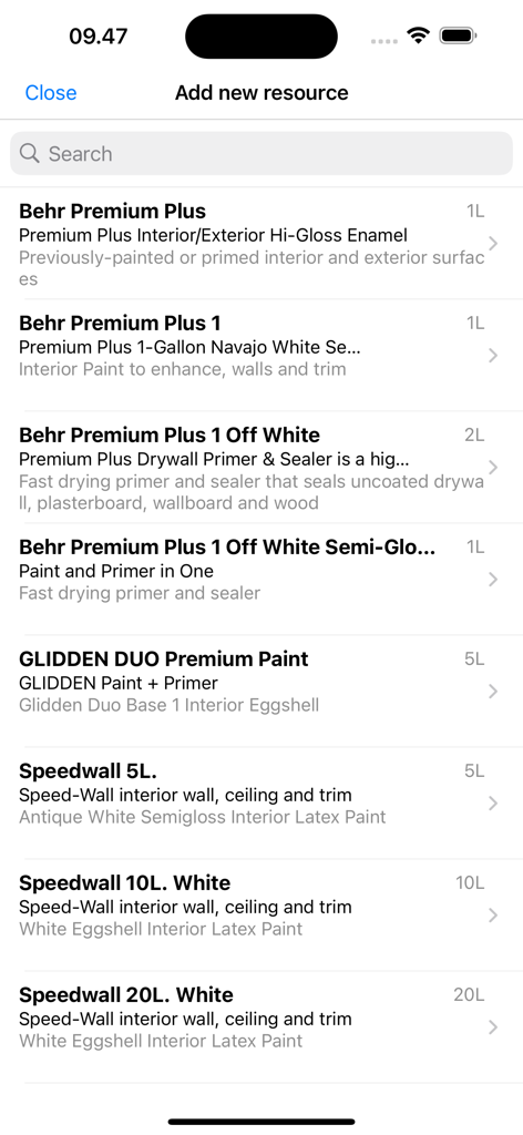 EG CrossPad - ASPECT4 - Liste des matériaux de peinture sur l'écran d'ajout de nouvelle ressource de l'application EG CrossPad