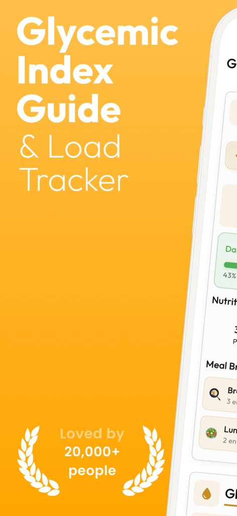 Glycemic Index Guide Tracker - Glycemic Index Guide and Load Tracker app splash screen featuring the interface dashboard and user count