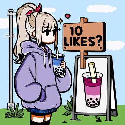 girl with oversized hoodie drinking boba and she has a high ponytail with a sign that says 10likes?