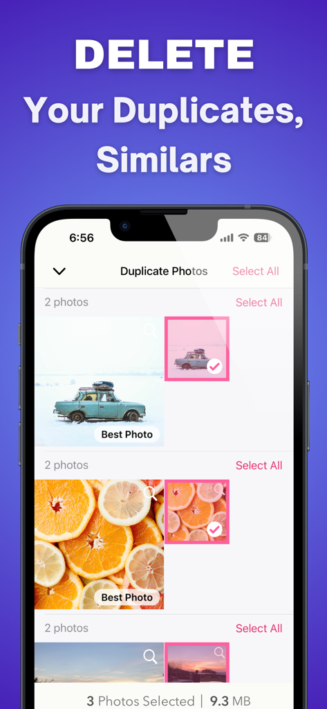 Interface of the Photo Recovery Pic Restore app showing the feature to identify and delete duplicate and similar photos to free up phone storage