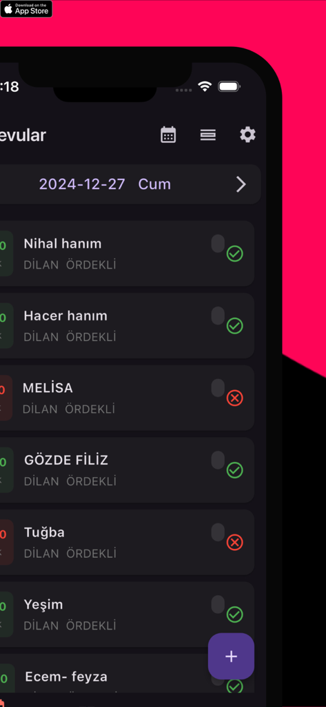 Takvim -  Randevu Takip - A mobile interface showing a list of scheduled appointments with names and status icons