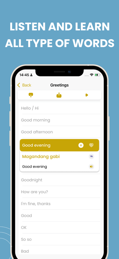 A mobile screenshot of the Learn Tagalog app showing common greetings like Good evening and their Tagalog translations with audio playback options.