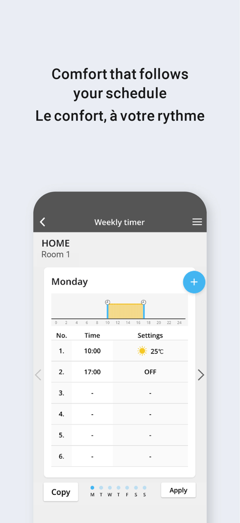 Panasonic Comfort Cloud app interface for setting a weekly HVAC schedule