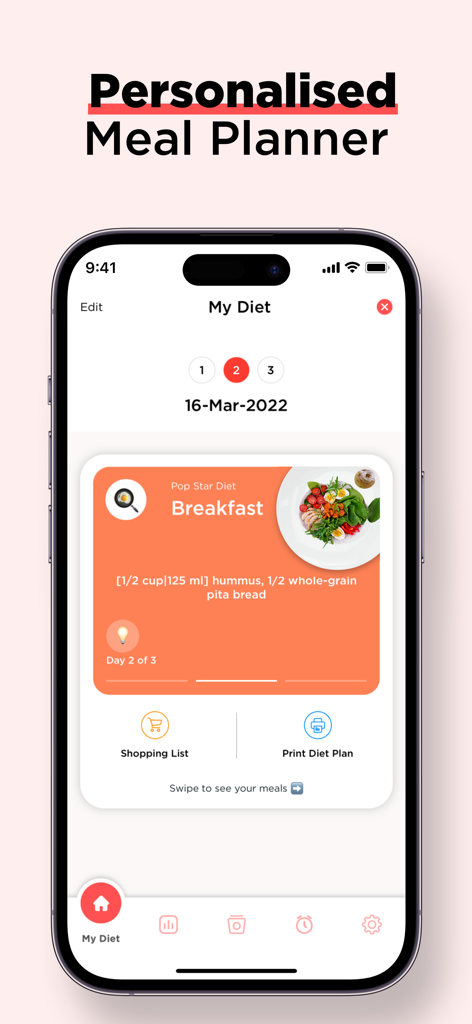 Personalised meal planner interface in the My Daily Diet app showing a breakfast recipe